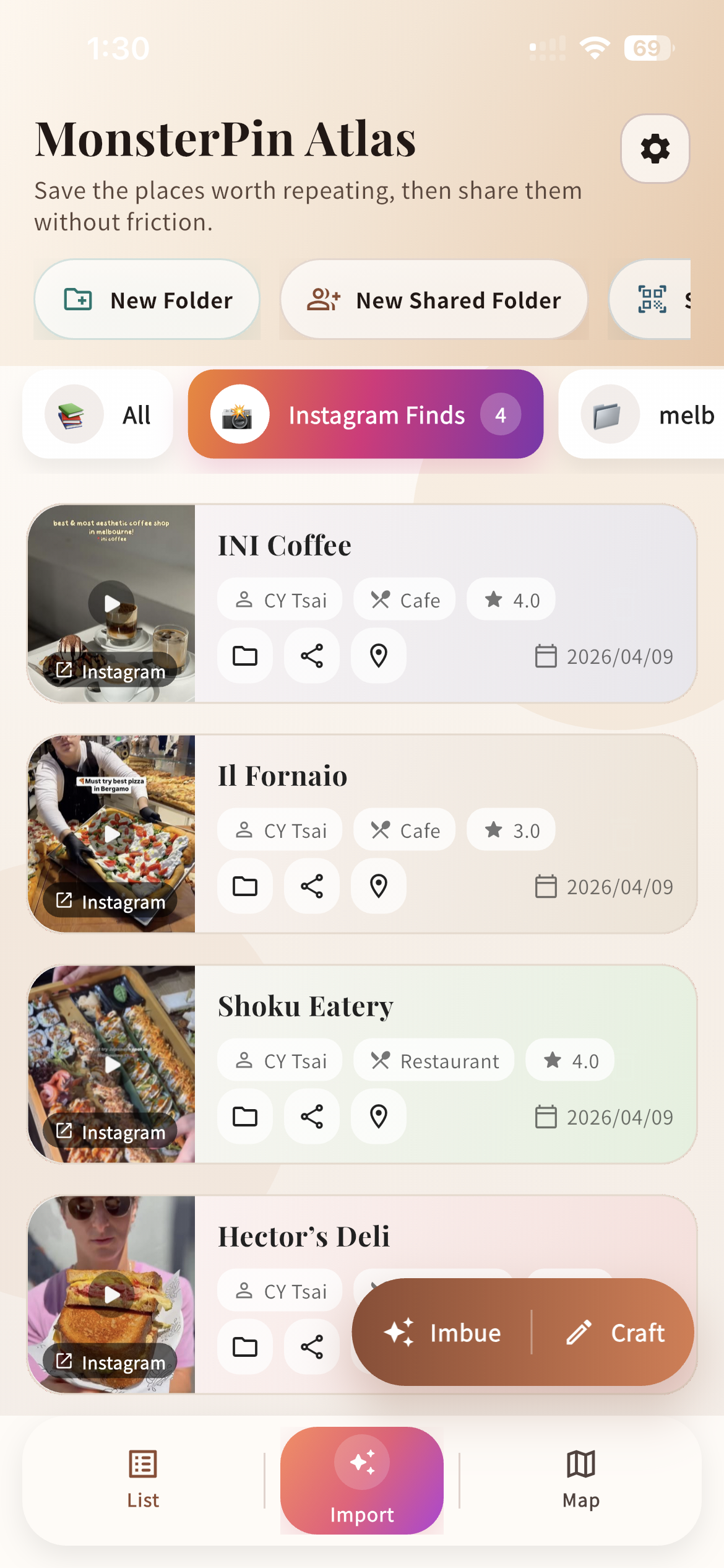 Importing a restaurant from an Instagram reel into MonsterPin