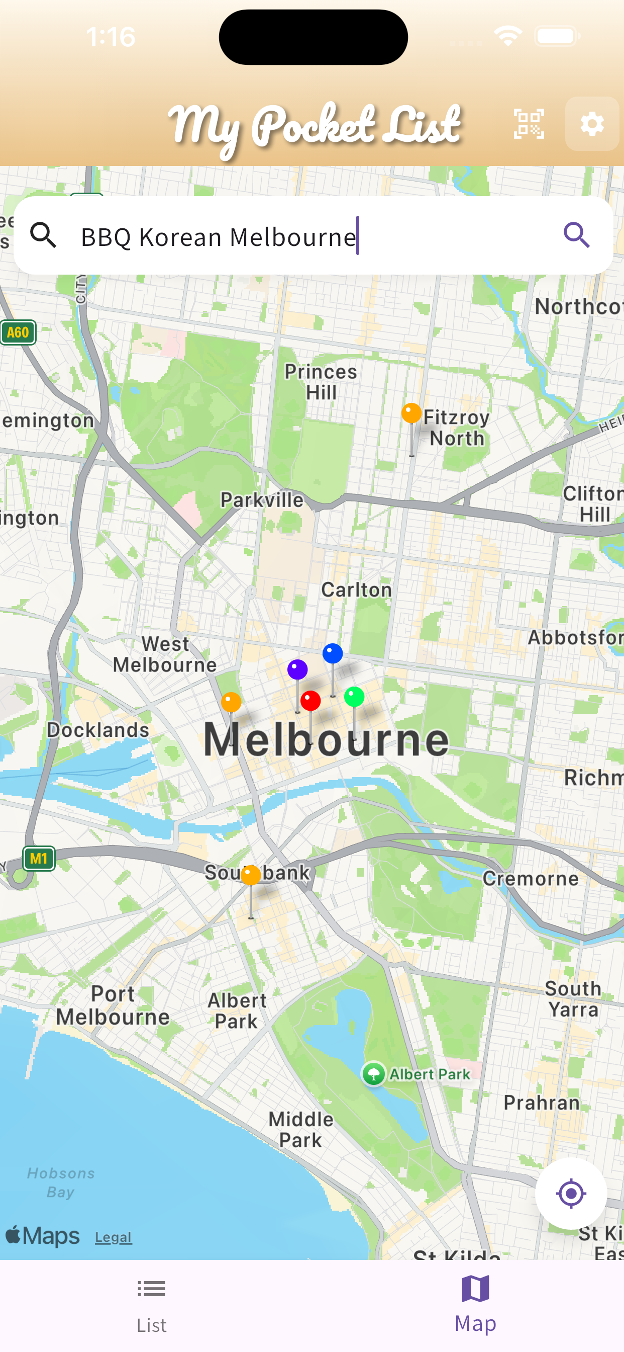 MonsterPin map view with saved places grouped into folders