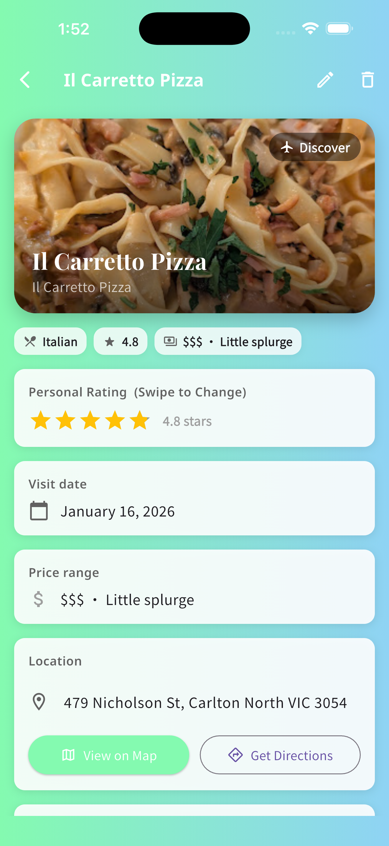 A MonsterPin place card with notes, rating and memory cues